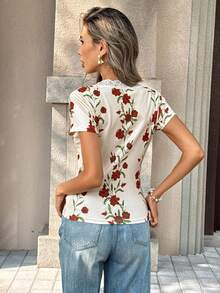 Pariaura Women's New Lace Trim Collar Button Front Fitted Short Printed Top - Apricot - View 2