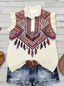 Voyazaga Chemise pour femmes grande taille, mode printemps/été décontractée, style resort, manches courtes, imprimé plumes, ouverture partielle devant, vêtements de plage pour femmes grande taille - Multicolore - Voir 3