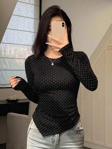 DAZY 春季设计不对称黑色波点修身长袖女式T恤 - 黑色 - 查看 4