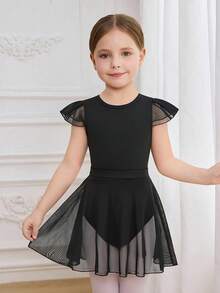 Young Girls Elegant & Cute Flutter Sleeve Professional Ballet Dance Leotard With Skirt, Training Activewear - Black - View 2