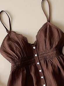 SHEIN Unity New Spring/Summer V-Neck Lace Patchwork Adjustable Spaghetti Strap Camisole Top With Front Button Decor, Coffee Brown, Vintage Chic For Work - Coffee Brown - View 4