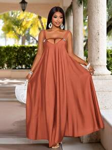 SOLERSUN Vestido casual de fiesta de talla grande para mujer, de unicolor y con diseño calado - Marrón Mocha - Ver 4