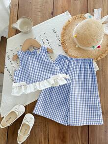 SHEIN LMoss Kids 女宝宝夏季可爱粉白格子荷叶边无袖上衣和松紧腰宽松裤套装 - 藍色 - 查看 7