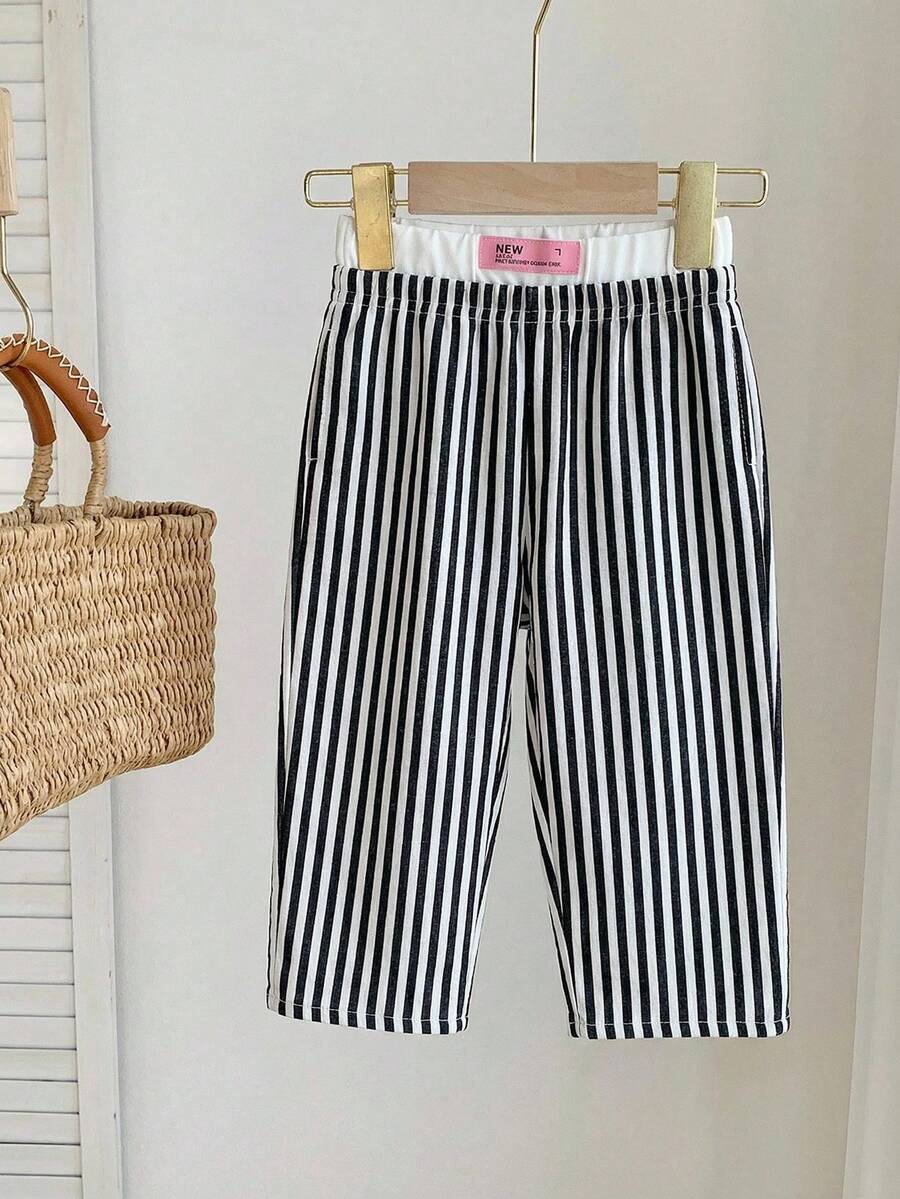 SHEIN LMoss Kids Quần dài cạp chun kẻ sọc hồng dễ thương, đa năng cho bé gái, thích hợp cho mùa xuân/hè. - màu đen - Xem 1