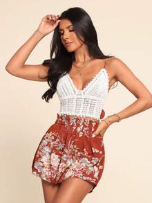 Coeurva Tie Back Crochet Cami Top & Paperbag Waist Floral Shorts Set Two Pieces Set - Multicolor - View 5