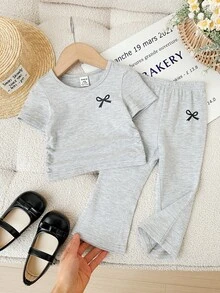 SHEIN Baby Girl Casual Everyday Commute Versatile Bow Print Ruffle Fitted Short Sleeve T-Shirt And Flare Pants Set, Spring/Summer/Autumn - Grey - View 9