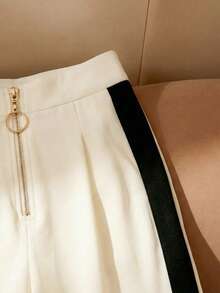 Franclia 新款春夏高腰拼接直筒阔腿裤，饰有拉链，杏色，女士长裤，适合休闲穿着，春夏，女士长裤，女士通勤直筒裤，女士杏色长裤，女士阔腿裤，女士春秋季，拼接下装，度假装。 - 黑與白 - 查看 6