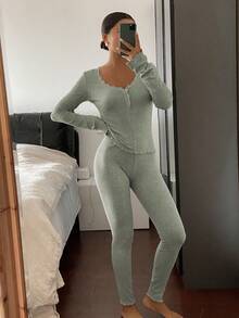 DAZY Women's Lace Patchwork Wavy Hem Fitted Base Layer Top And Pants Set, Spring Loungewear - Green - View 5