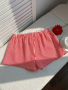 Comfortcana 女士夏季休闲度假条纹印花撞色蕾丝抽绳腰短裤 - 紅白色 - 查看 2