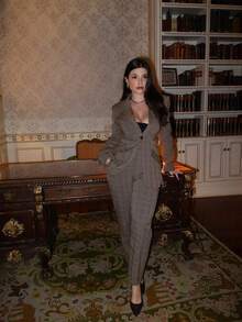ORNATELLA Conjunto de traje formal elegante y clásico a cuadros para mujer, pantalón largo de un solo botón, conjunto elegante para trabajo/fiesta/graduación/boda - Caqui - Ver 1