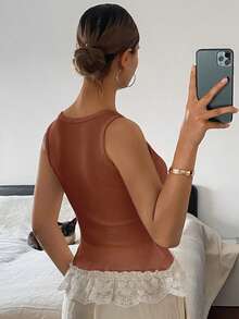 DAZY Lace Patchwork Sleeveless Tank Top For Women - Camel - View 2