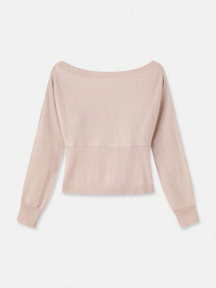 Suéter de punto metálico de fino calibre con hombros descubiertos y detalle de lazo en el frente, acogedor y lindo para otoño e invierno
