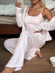 DAZY 3件套碎花撞色滚边女士睡衣套装 - 白色 - 查看 7