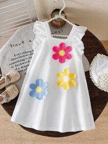 Genkimix Kids 少女无袖夏季连衣裙，方领白色荷叶袖连衣裙，宽松轻盈，自然温柔甜美优雅，适合各种夏季休闲场合，清新可爱。 - 白色 - 查看 3