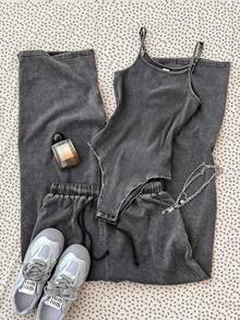 SHEIN 少女休闲吊带连体衣搭配直筒裤 - 灰色 - 查看 3