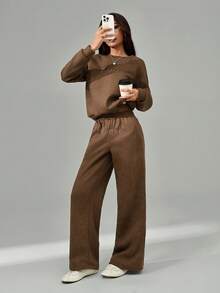 SHEIN PETITE 女款咖啡棕復古字母刺繡保暖內裡運動衫與運動褲套裝，冬季休閒居家服2件套，做舊風，適合嬌小女性 - 棕色 - 查看 7