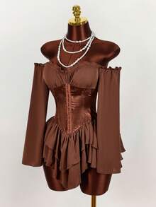 Amplova Đầm ngắn tay dài trễ vai cho nữ, màu trắng, xếp ly jacquard, thắt eo, dây buộc xếp ly, dây đeo bèo nhún, trễ vai, nhiều lớp bèo nhún ở gấu váy, dáng chữ A, chất liệu chiffon, thanh lịch cho tiệc tùng và mùa thu/đông. - màu nâu - Xem 3