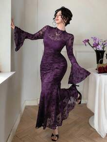 女士优雅蕾丝褶皱鱼尾连衣裙，适合春夏穿着 - 紫色 - 查看 4