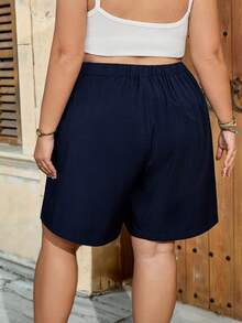 SHEIN CURVE+ 大码女式纯色抽绳腰带口袋宽松舒适休闲短裤，藏蓝色女式短裤，夏季女式短裤，休闲女式短裤，松紧腰短裤，亚麻短裤，女士假日短裤 - 藏蓝色 - 查看 2