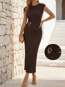 Editum 夏季杏色亮面雪纺圆领短袖时尚金属装饰修身连衣裙（女款） - 棕色 - 查看 4