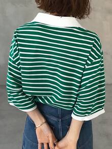 FRIFUL Camiseta de manga corta con cuello polo y media cremallera, de corte holgado y con rayas, con cuello en contraste, para verano - Verde - Ver 7