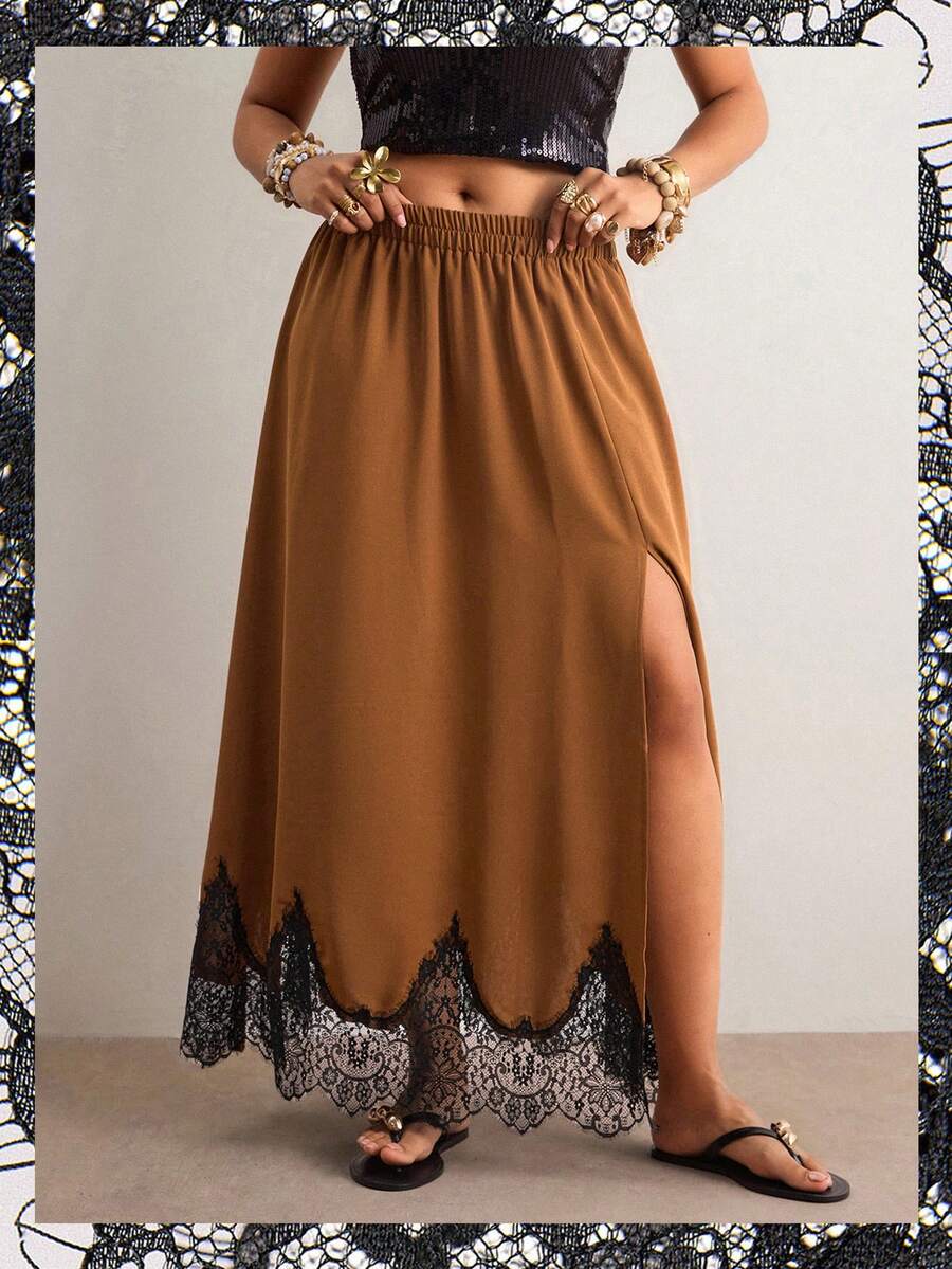 Freevana Váy xẻ cao phối ren tương phản màu sắc thời trang mùa hè cỡ lớn - Cà phê nâu - Xem 1