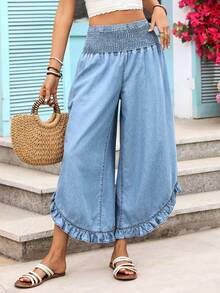 Vivid Eden 女士休闲弹力腰荷叶边阔腿牛仔裤 - 藍色 - 查看 1