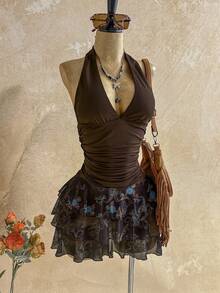 Soleia 秋冬复古斑马纹扎染V领抽绳网纱褶皱浪漫假日连衣裙/迷你裙（女款） - 彩色 - 查看 6