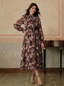 Anewsta Elegant Vintage Fashion Elegant Vintage Ruffled Waist Elastic Waist High Tolerance French Purple Laser Cut Digital Print Dress For Women - Rust Brown - View 5