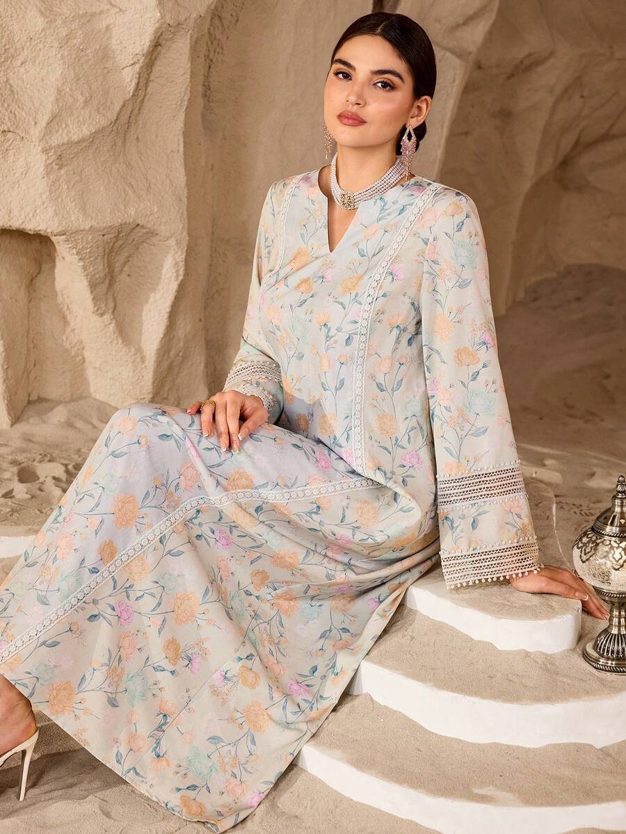 Yasmyna Romantic Floral Lace Patchwork Loose Fashionable Dress For Women - Mint Green - View 1