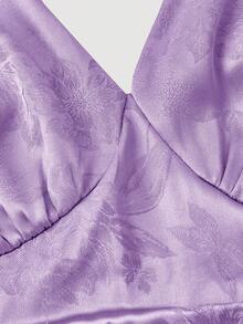 SHEIN MOD 红色缎面花卉提花露背V领长裙，饰有蝴蝶结——复洛克风格，适合约会、派对、宫廷盛装、节日庆典、生日及舞会穿着。 - 淡紫色 - 查看 4