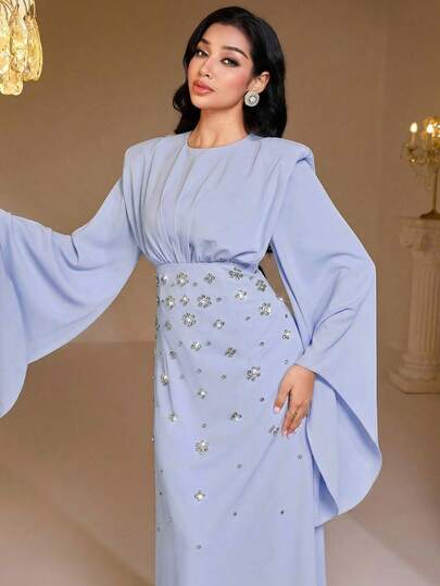 Veilorie Vestido elegante de estilo árabe con cuello redondo, mangas acampanadas, volantes y decoración de flores y diamante de imitación para mujer