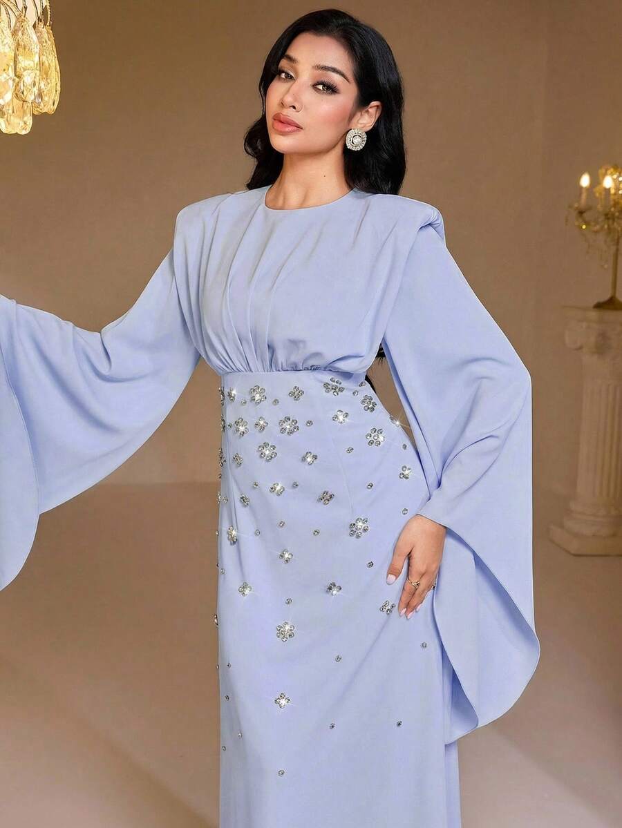 Veilorie 女士花卉水钻装饰圆领喇叭袖荷叶边优雅阿拉伯风格连衣裙 - 藍色 - 查看 1