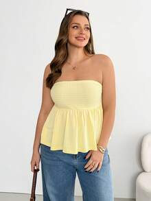 SHEIN Essnce Áo quây màu vàng nhạt dành cho nữ cỡ lớn, thời trang xuân/hè, chất liệu co giãn, thoải mái, cơ bản, đa năng, tôn dáng, vải có họa tiết, thích hợp mặc hàng ngày, trang phục mùa hè, áo đi chơi, trang phục đi nghỉ mát, quần áo dễ thương cho người có đường cong quyến rũ. - Màu vàng - Xem 3