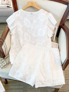 GlowEve CURVE Plus Size Women Embroidered V-Neck Ruffle Sleeve Button-Up Shirt And Shorts Casual 2-Piece Set - Multicolor - View 2