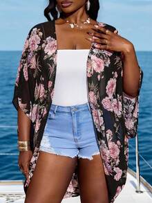 SHEIN CURVE+ Damen Große Größen Sommer Strand Land Konzert Damen Floral Kimono Hawaiihemd - Verschiedenfarbig - Übersicht 7