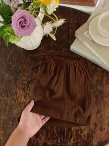 Comfortcana Quần short nữ màu trơn, thắt eo, kiểu dáng thường ngày, đa năng. - Cà phê nâu - Xem 6