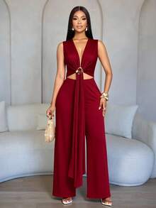 SOLERSUN Bộ jumpsuit nữ màu đỏ tía thanh lịch không tay, cổ chữ V sâu, khoét eo, thắt lưng kim loại xếp nếp, ống rộng, thích hợp cho buổi tối/tiệc tùng/hẹn hò. - Màu Đỏ Sâu - Xem 7