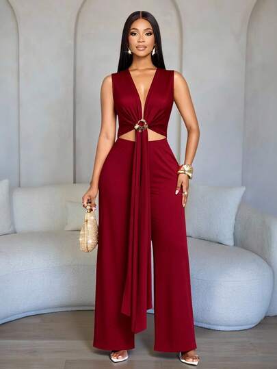 SOLERSUN Women's Elegant Burgundy Sleeveless Deep V-Neck Cutout Waist Metal Decorated Draped Sash Wide Leg Jumpsuit,Elegant Formal Romper For Evening/Party/Date