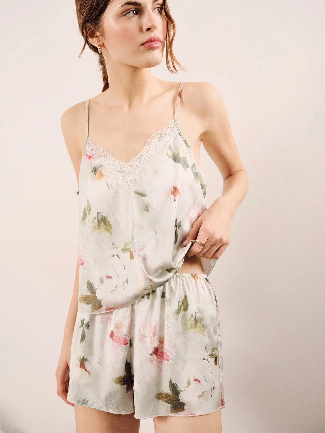 Floral Print Pastel Colour Satin Cami Top And Short Pyjama Set Spring Summer Cute Vintage Satin 2 Piece Sleepwear Set