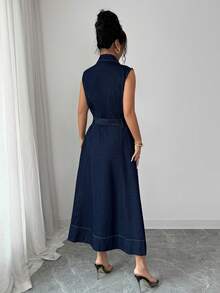 Elenzga 女士休闲无袖牛仔连衣裙，夏季 - 深色水洗藍 - 查看 2