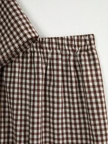 Tween Boys Pajamas-2 Pieces Summer Pajama Set Brown Gingham Short Sleeve Button Shirt With Collar Long Pants Sleepwear Relaxed Fit Holiday 2026 Essential Nightwear Lightweight Cute Stars Embroidered Classic Casual Home Gift Perfect Lounge - Mocha Brown - View 9