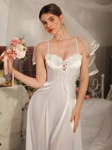 DelicateAllure Women's Elegant Solid Color 3D Floral Decor Camisole Nightgown - White - View 4