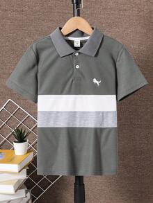 SHEIN Vacaura 男童休闲撞色条纹短袖Polo衫，夏季 - 深灰色 - 查看 3