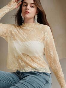 Anewsta Sexy Sheer Lace Long Sleeve Blouse - Apricot - View 4