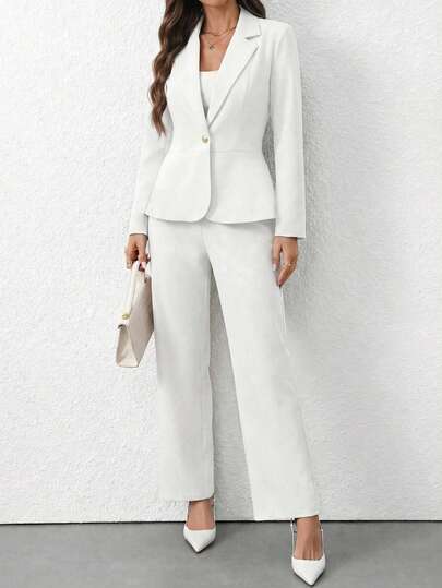 Traje para mujer elegante, conjunto de 2 piezas, blazer formal entallado de solapa clásica y botón dorado, Pantalón con botones dorados decorativos conjunto profesional cómodo, ideal para oficina, eventos, reuniones empresariales y atuendo ejecutivo sofisticado