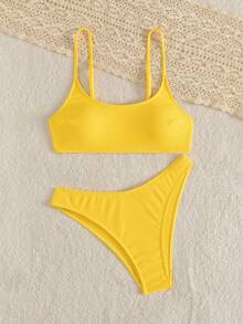 SHEIN Swim Women's Solid Color Ribbed Spaghetti Strap Bikini Set, Summer Beach Vacation - Yellow - View 5