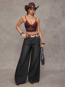 Jeanoix Quần jeans nữ màu đen thêu họa tiết, kiểu dáng rộng rãi, thoải mái, phong cách đường phố. - màu đen - Xem 6