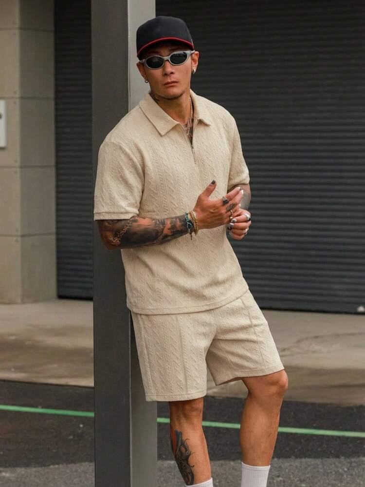 Men's Apricot Polo Shirt And Shorts Set, Summer