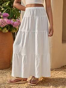 SHEIN Sparklyn Chân váy trắng phối màu kiểu dáng thường ngày cho bé gái, trang phục mùa hè, thiết kế thời trang, đa năng cho kỳ nghỉ, du lịch, trường học và mặc hàng ngày. - trắng - Xem 4